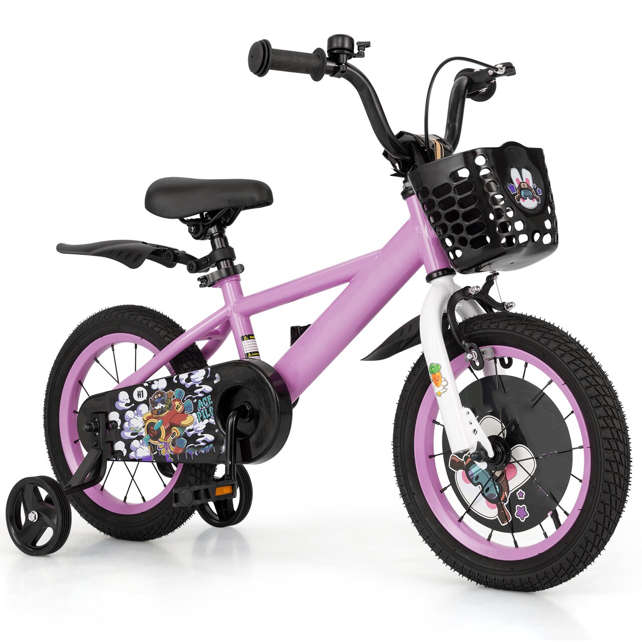 Purple Carbon Steel Kids Sport Bicycle with Dual Brakes, Training Wheels and Basket